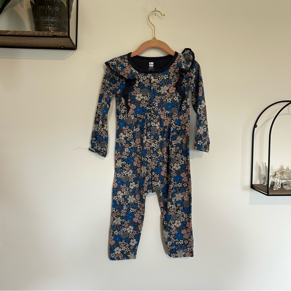 Tea Floral Print Ruffle Shoulder Long Sleeve One Piece Bodysuit Jumper 18-24 MO
